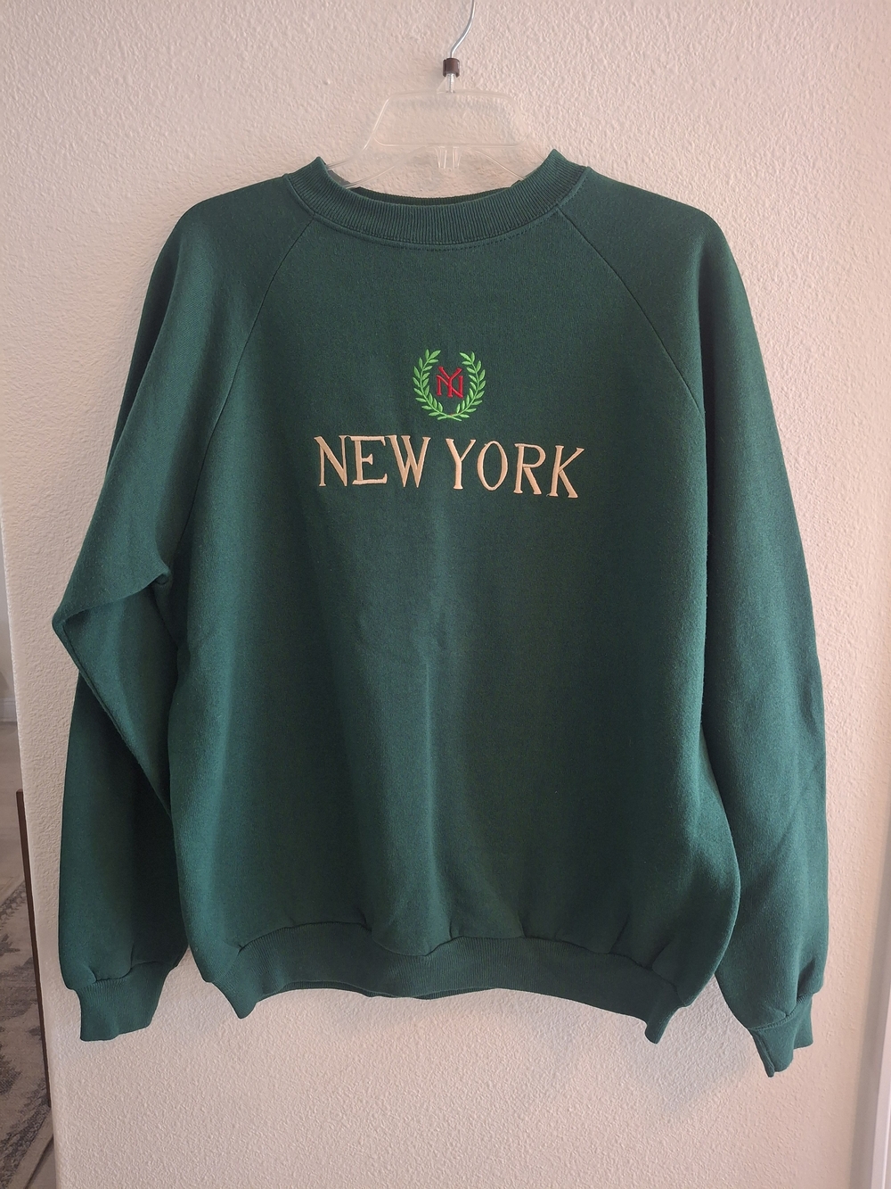 Vintage 90s Made In USA Hanes Green Crewneck Sweater with 'New York' Embroidery